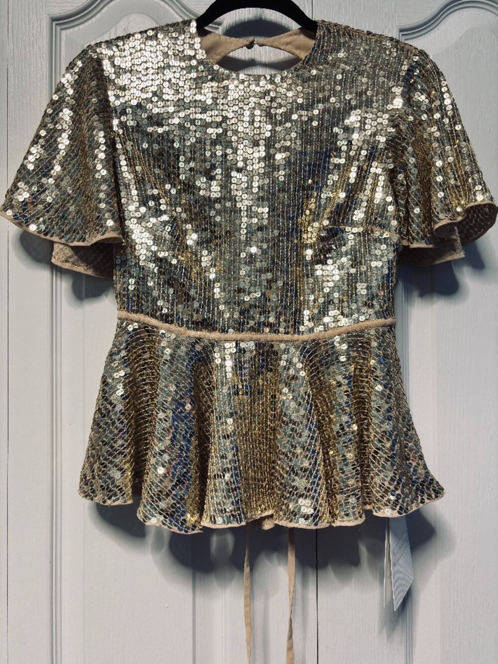 Mac Duggal Gold Sequin Open Back Peplum Top Size 4 NWT
